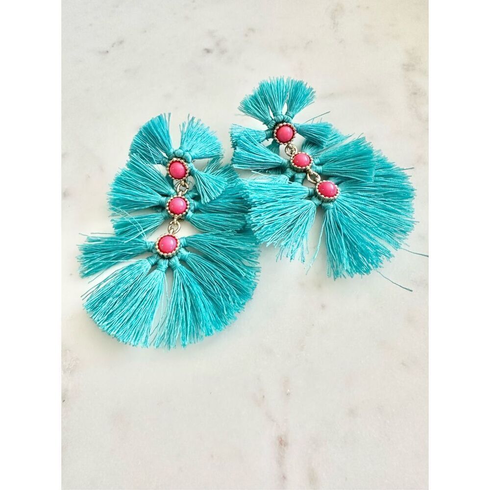 Turquoise blue and coral pink tassel dangle earrings ￼